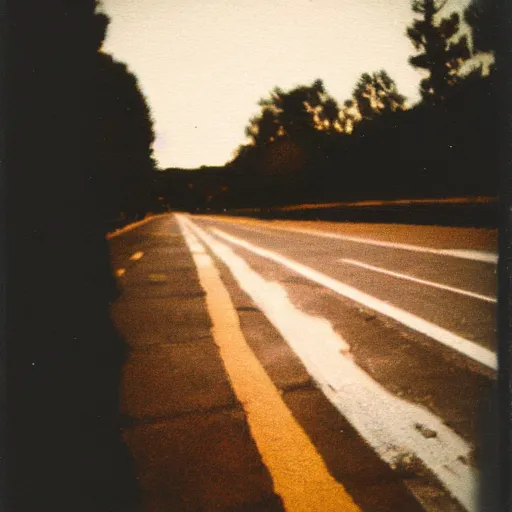 Prompt: Aged polaroid photo of someone skateboarding down a road, sunset lighting, heavy color bleed, film grain