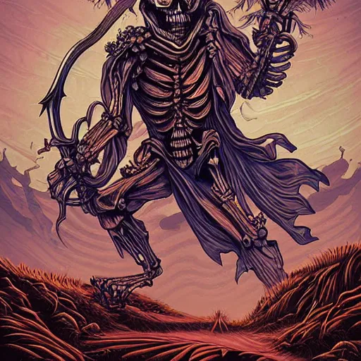 Prompt: Totally badass skeleton in a cave holding huge scimitar by Dan Mumford and Esao Andrews