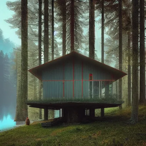 Prompt: “ swedish futuristic cabin next to the lake in the forest by simon stalenhag, misty morning ”