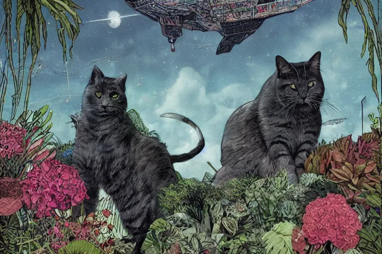 Image similar to gigantic cat floating in the space, a lot of exotic plants, trees, flowers, vintage sci - fi, newspaper grainy colors, flat surreal grainy design, super - detailed, painting by enki bilal and moebius, hd, 4 k, high quality