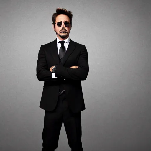 Prompt: Robert Downey Jr. with a very tired and tired face in a business black suit crossed his arms, standing indoors, background blurred, focus in the foreground, realism, details,