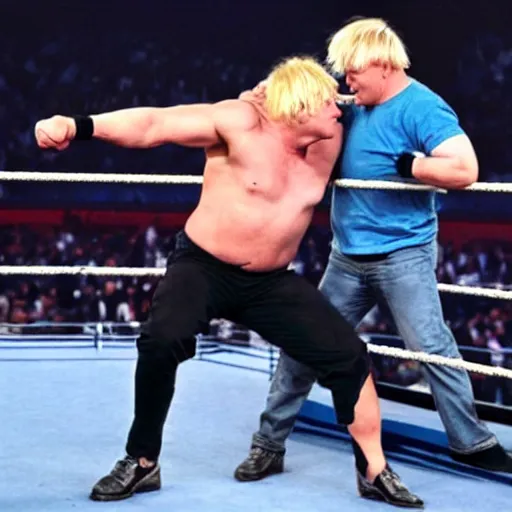 Image similar to boris johnson wearing a blue baseball cap hat and jeans in wwe as a muscular wrestler. he is holding one hand near his face