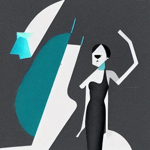 Image similar to “ femme on a galactic shore, noir, solid shapes, geometric art deco, teal palette, plain, no fine details, isaac asimov ”