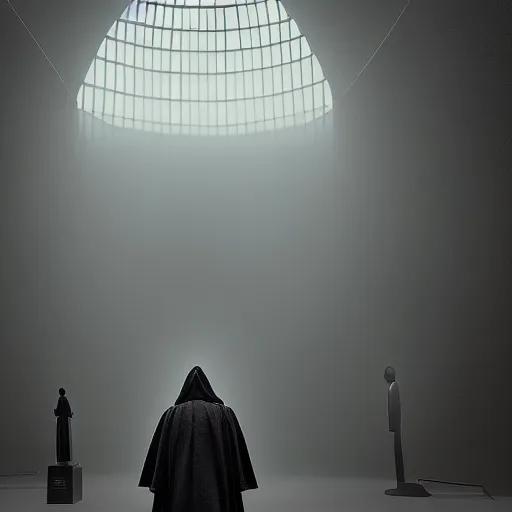 Prompt: the grim reaper standing stoic in black robe, waiting patiently, in a museum with paintings and people, perfect composition, by mike winkelmann, simon stalenhag