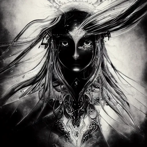 Image similar to yoshitaka amano blurred and dreamy illustration of an anime girl with pirate eye patch, wavy white hair and cracks on her face wearing elden ring armour with the cape fluttering in the wind, abstract black and white patterns on the background, noisy film grain effect, highly detailed, renaissance oil painting, weird portrait angle