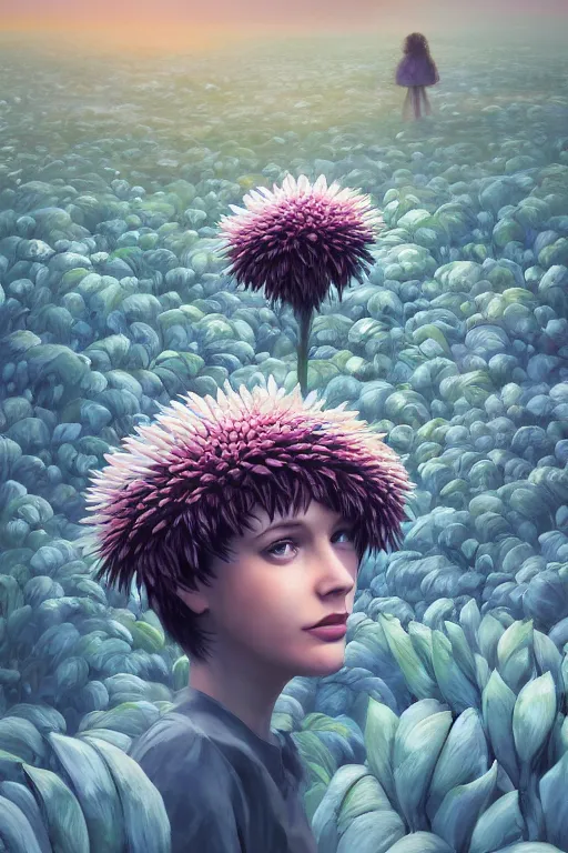 Prompt: closeup, giant daisy flowers head, a girl between monsteras, surreal photography, wind and cold, dramatic sky, impressionist painting, digital painting, artstation, simon stalenhag