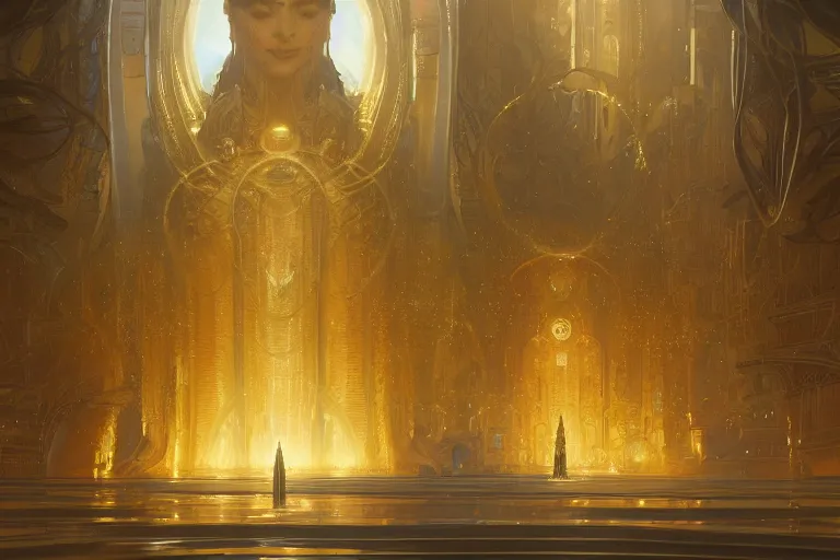 Image similar to a background matte painting for a high tech science fiction religious room with chambers of bubbling liquid gold intricate digital painting artstation concept art smooth sharp focus illustration, art by artgerm and paul chadeisson and greg rutkowski and alphonse mucha