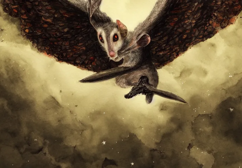 Prompt: gorgeous winged possum flying over a medieval castle under a dark starred sky, dark fantasy, watercolor, dreaming illusion, highly detailed, 4k, trending on Artstation, award-winning