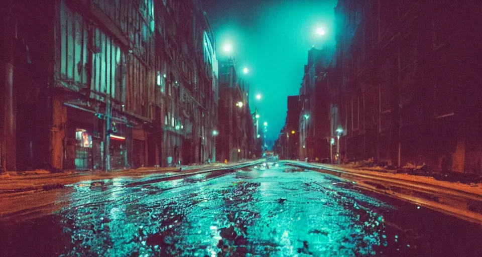 Prompt: a photo of an abandoned city street, wet streets, nighttime, technicolor film stock