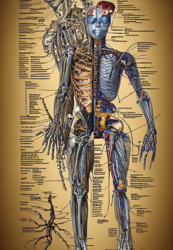 Prompt: highly detailed labeled medical anatomy poster of a robotic ent + anatomical drawing on poster paper with notes + well - lit, ray tracing, detailed + mechanism, ent, tree forbidden - knowledge, intricate details, gold and silver ink