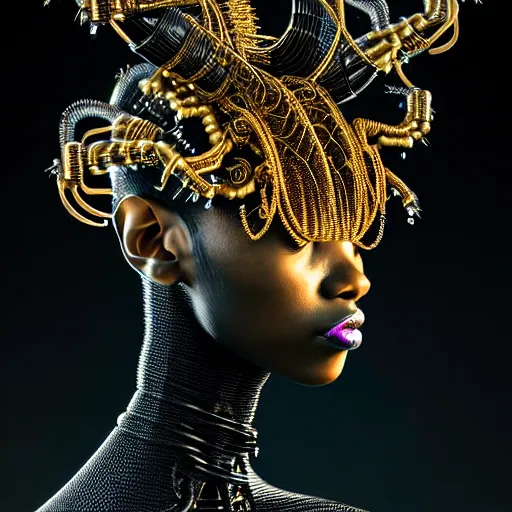 Prompt: portrait of an absurdly beautiful, graceful, sophisticated, fashionable black cyberpunk mechanoid gravure idol, hyperdetailed illustration by irakli nadar, maria borges, matt wisniewski style, intricate linework, dark black skin, neon jellyfish headdress, ivory carved ruff, unreal engine 5 highly rendered, global illumination, golden light, detailed and intricate environment