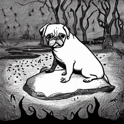 Prompt: adorable pug sleeping on a shoe in a pond in a dark forest, detailed illustration in dotted, black and white, in the style of gustave dore's dante's inferno