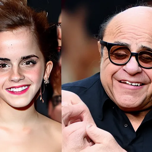 Image similar to danny devito and emma watson, french kissing, tongues, close up, deep