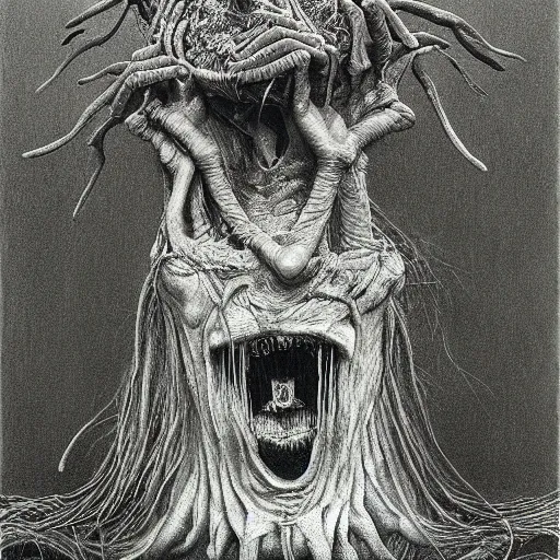 Image similar to a hyperrealistic brightly colored painting of a psychedelic alien nightmare, by john kenn mortensen and zdzislaw beksinski, highly detailed, vivid color,