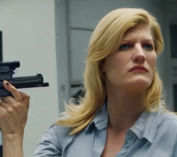 Prompt: skyler white holding a gun, movie still, upper body shot, photorealistic, clean composition