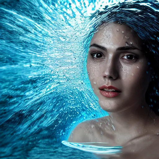 Image similar to water artwork manipulation in the shape of a beautiful female head, on the ocean water, ray tracing, realistic water sharp focus, long shot, 8 k resolution, cinematic, realistic water art