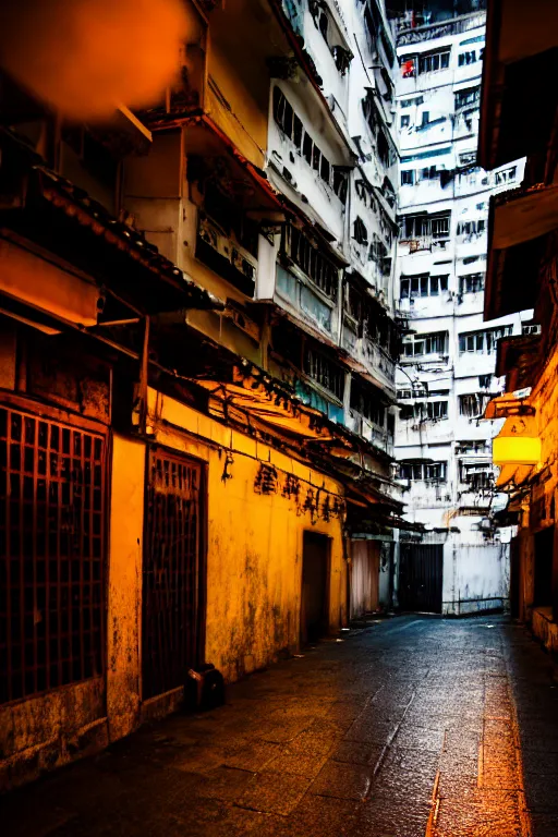 Image similar to an interior view of an old walled city in Hong Kong, colorful, dated and old, dark moody lighting, night, very detailed, photoreal, 8k, canon 20mm lens