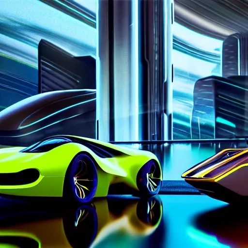 Image similar to car show several cars: motherboard forms designed by zaha hadid, sci-fi futuristic ultra realistic photography, keyshot render, octane render, unreal engine 5 lumen, high oiled liquid glossy specularity reflections, ultra detailed, golden hour, dramatic lighting 4k, 8k, 16k in the style ofblade runner 2049 Cyberpunk 2077 ghost in the shell thor 2 marvel film : tilt shift: sharp focus