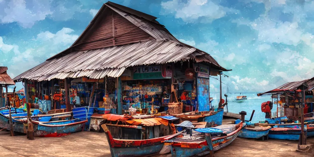 Image similar to extreme close - up of a sundry shop at pulau indah fishing village, near a jetty, early morning, detailed matte painting, low angle view, telephoto lens, bokeh, studio ghibli, artstation