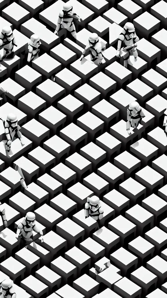 Prompt: a grid of stormtroopers as low - poly, blocky, basic shapes, low detail, hard edges, 3 d render - isometric. minimalistic. color harmony, 8 k detail, gallery quality, hd wallpaper, premium prints available, hyper - detailed, intricate design.