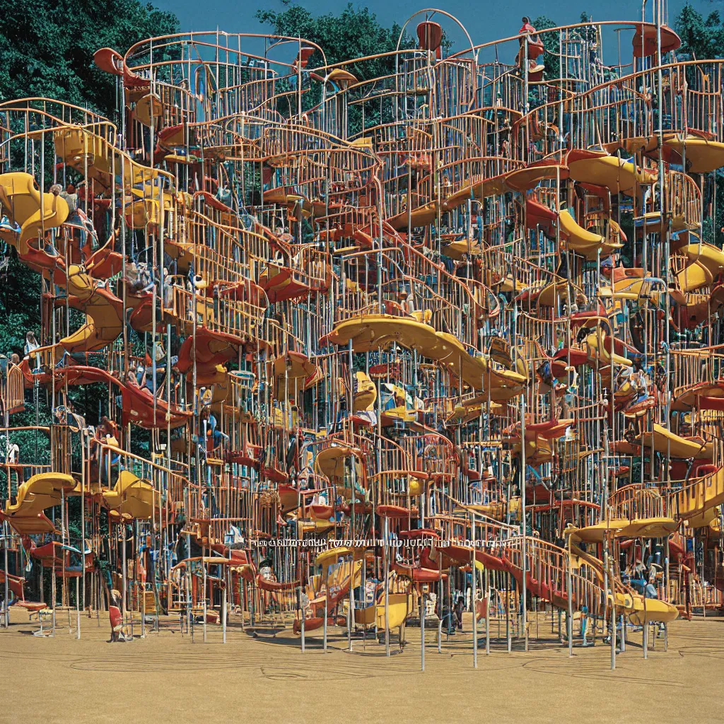 Prompt: full - color closeup 1 9 7 0 s photo of a vast incredibly - large complex very - dense tall many - level playground in a crowded schoolyard. the playground is made of brown wooden planks, black rubber tires, silver metal bars, and beige ropes. it has many spiral staircases, high bridges, ramps, balance beams, and metal tunnel - slides.