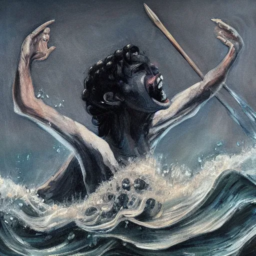 Prompt: portrait of proud and screaming Poseidon rising from the ocean, ready to fight with trident, oil painting, dark colors, sinister atmosphere