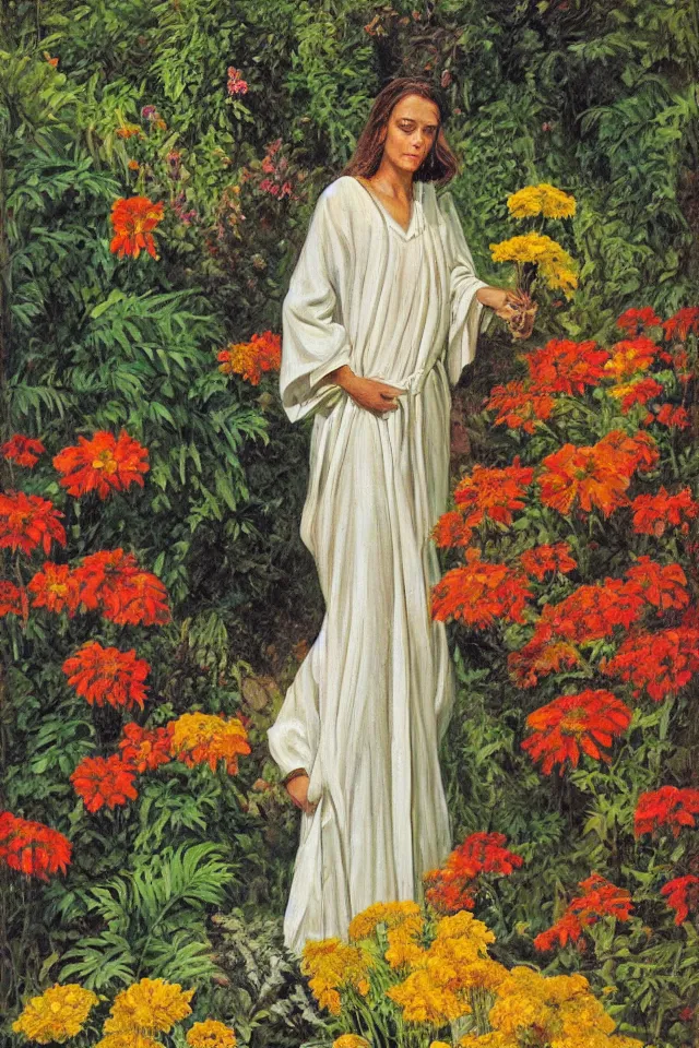 Prompt: a beautiful greek woman in robes, in a garden full of ferns, marigold flowers by michael dudash