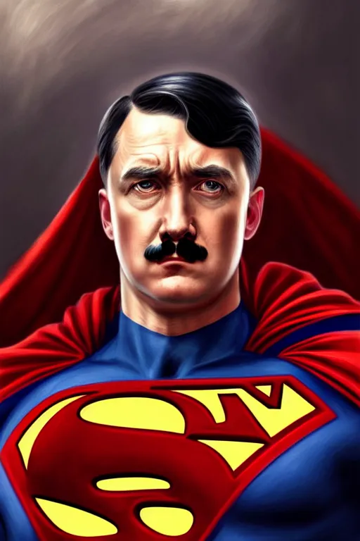 Image similar to adolf hitler as superman, realistic portrait, symmetrical, highly detailed, digital painting, artstation, concept art, smooth, sharp focus, illustration, cinematic lighting, art by artgerm and greg rutkowski and alphonse mucha