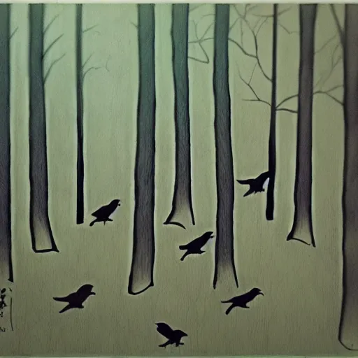 Image similar to zen, forest, birds, ink