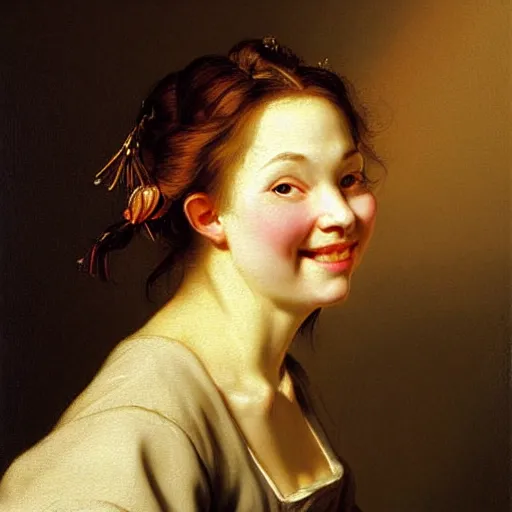 Prompt: Facial portrait of a cute shy woman, looking away from the camera, seductive smile, sparkle in eyes, lips slightly parted, long flowing hair, no hands visible, intricate, extremely detailed painting by Jan Steen and by Greg Rutkowski and by Moebius, golden hour