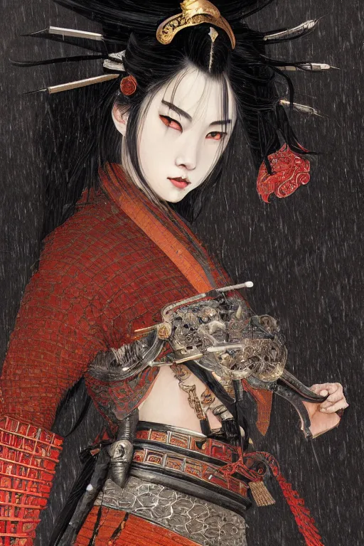 Image similar to portrait black hair samurai girl, armored samurai wardrobe, in fired honnoji temple rainy night, ssci - fi and fantasy, intricate and very very beautiful and elegant, highly detailed, digital painting, artstation, concept art, smooth and sharp focus, illustration, art by tian zi and wlop and alphonse mucha