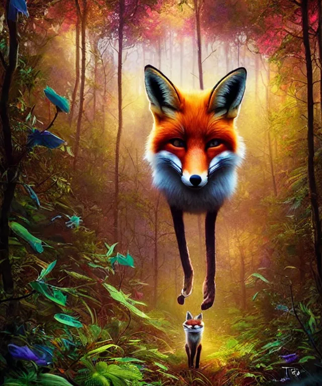 Image similar to a single realistic fox, walking through a psychedelic forest, wide angle landscape shot, pixar style by tristan eaton, artgerm and tom bagshaw