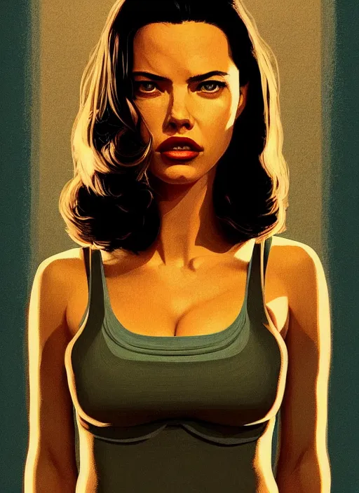 Prompt: twin peaks movie poster art, portrait of adriana lima, from scene from twin peaks, clean, simple illustration, nostalgic, domestic, highly detailed, digital painting, artstation, concept art, smooth, sharp focus, illustration, artgerm, donato giancola, joseph christian leyendecker, wlop