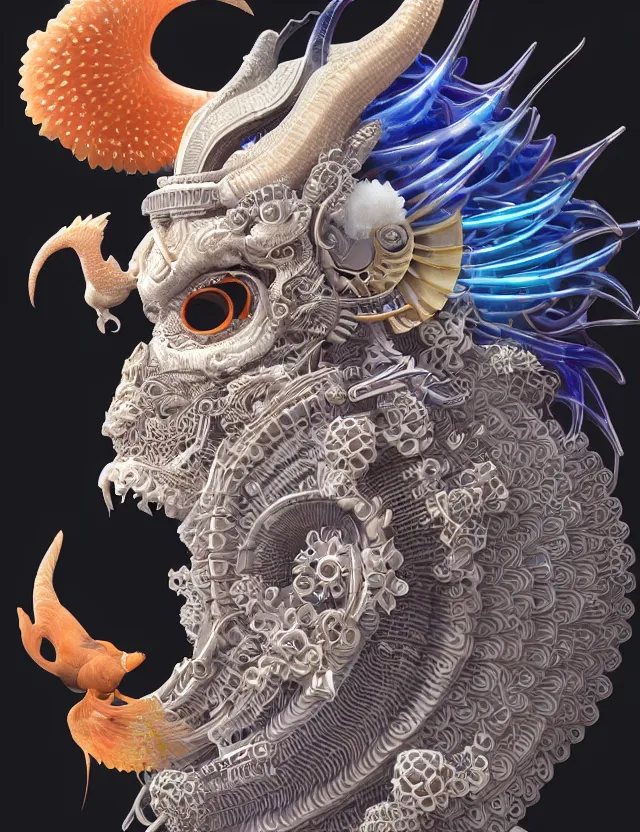 Image similar to 3 d goddess close - up profile solarpunk portrait ram skull. beautiful intricately detailed japanese crow kitsune mask and clasical japanese kimono. betta fish, jellyfish phoenix, bio luminescent, plasma, ice, water, wind, creature, artwork by tooth wu and wlop and beeple and greg rutkowski