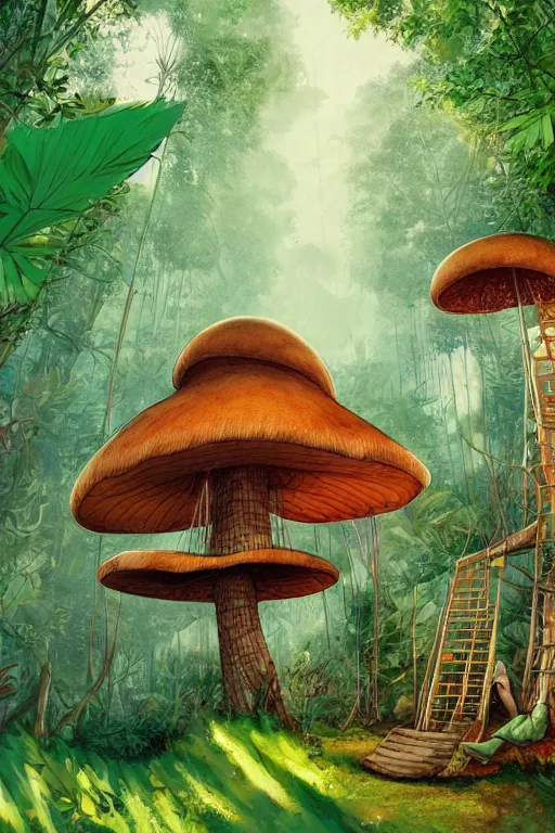 Image similar to a tree house in the jungle, big mushroom, sunshine, by alba ballesta gonzalez and moebius. 4 k wallpaper, digital 2 d, comic, illustration, extremely detailed, cinematic lighting, smooth sharp focus.