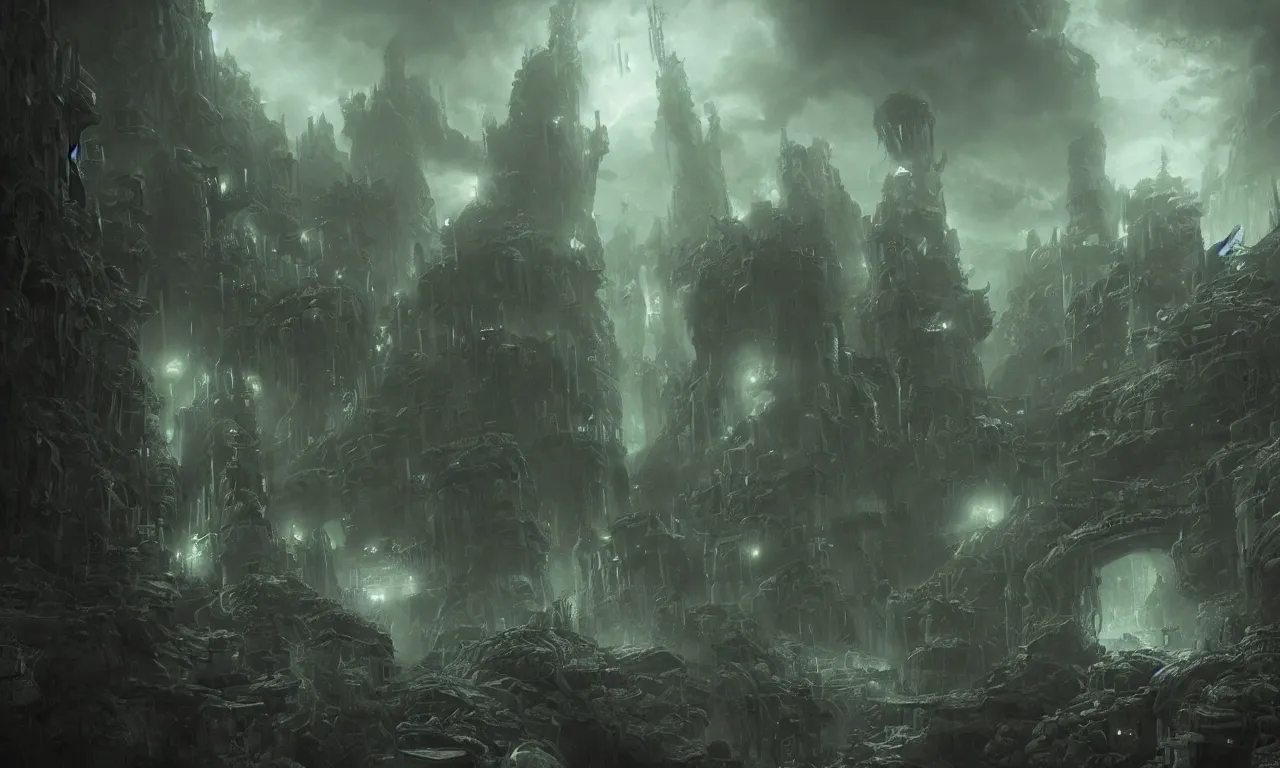 Image similar to a cinematic view of the eldritch subterranean city of r'lyeh. art by xin xiang and james paick, hyperrealism, spooky, dramatic lighting