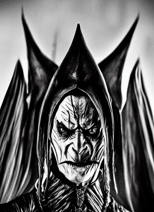 Image similar to the dark lord sauron, in the style of akira kurosawa, cinema, sharp focus, black and white, film grain, photographic