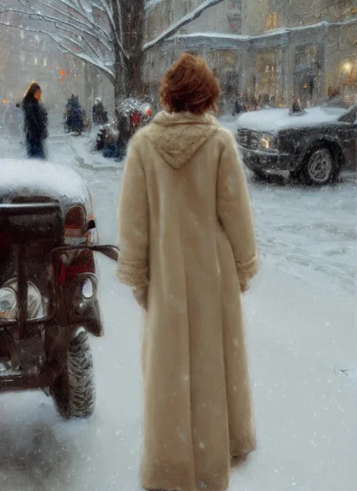 Prompt: back of emma stone in beige coat, talking to timothee chalamet in new york winter, snow, artwork by gaston bussiere, craig mullins, trending on artstation