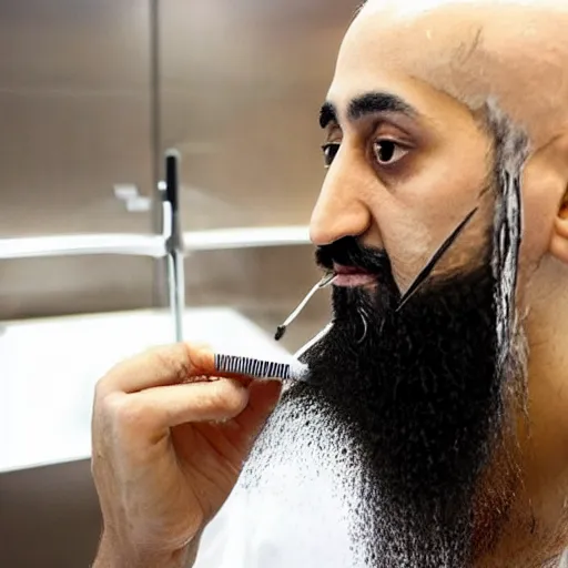 Image similar to osama bin laden shaving off his beard in a macdonalds washroom