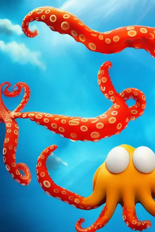 Prompt: Excited octopus in a shape of parachute holding aquarium in tentacles flying in a blue sky with white clouds . Pixar Disney render 3d animation movie Oscar winning