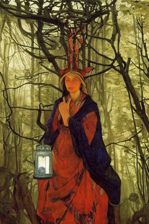 Prompt: queen of the forest with her lantern by Annie Swynnerton and Nicholas Roerich and Vermeer, strong dramatic cinematic lighting , ornate headdress , lost civilizations, smooth, sharp focus, extremely detailed