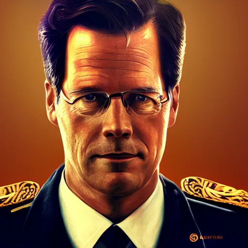 Image similar to mark rutte as a dictator, fantasy, high detail, elegant, digital painting, cinematic lighting, textured skin, highly detailed, artstation, unreal engine 5, breathtaking, illustration, ilya kuvshinov, nikolay makovsky