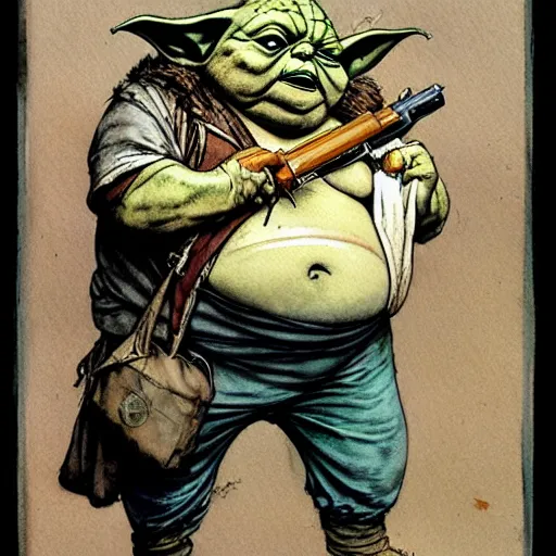 Image similar to a realistic and atmospheric watercolour fantasy character concept art portrait of a fat sleazy homeless chibi yoda wearing a wife beater and holding a glock, by rebecca guay, michael kaluta, charles vess and jean moebius giraud