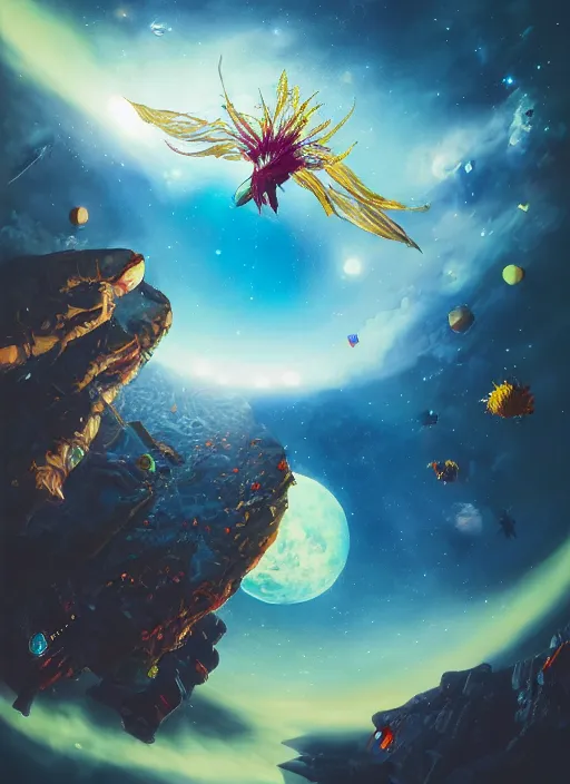 Prompt: An epic fantastic realism comic book style painting of the most beautiful flying flowers launched across the dark and starry galaxy, floating bouquets, fisheye, unreal 5, DAZ, hyperrealistic, octane render, dynamic lighting