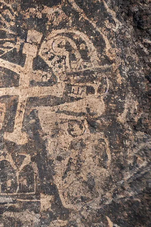 Image similar to 4 k photography of petroglyphs representing crosses, sauwastica, wifi symbol on a cave