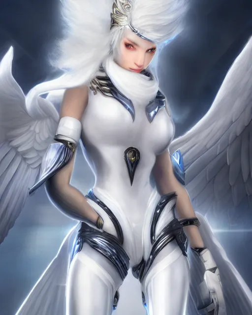 Image similar to perfect white haired attractive egyptian goddess with huge white dove wings, warframe armor, beautiful, symmetric, dreamy, half asian, pretty face, blue eyes, detailed, scifi platform, laboratory, experiment, 4 k, ultra realistic, epic lighting, android body, illuminated, cinematic, masterpiece, art by akihito tsukushi, voidstar