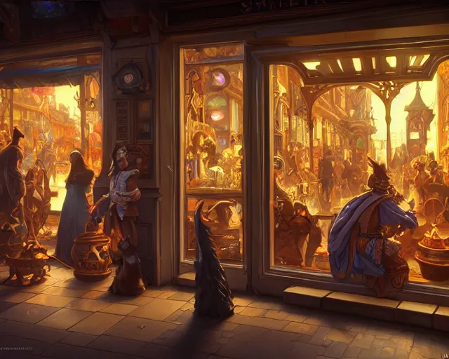 Prompt: shop front, window, magic items, busy street, deep focus, d & d, fantasy, intricate, elegant, highly detailed, digital painting, artstation, concept art, matte, sharp focus, illustration, hearthstone, art by artgerm and greg rutkowski and alphonse mucha