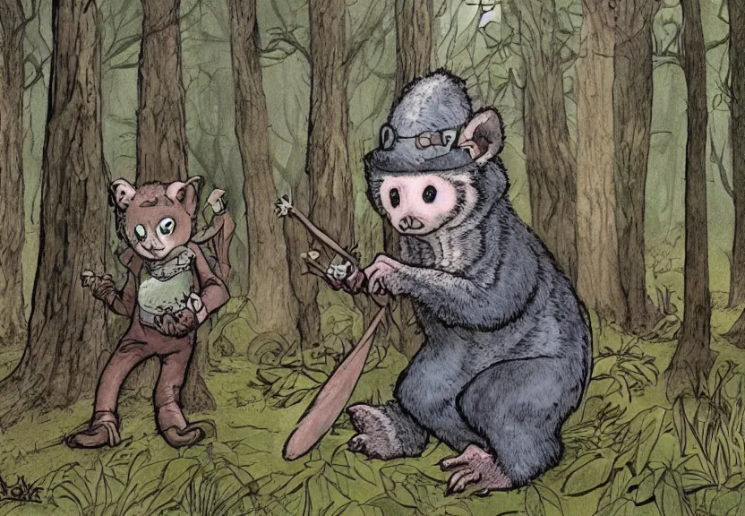 Image similar to possum dressed as an adventurer, hidden in the forest, dark night, colorized, highly detailed, 4k, trending on Artstation, award-winning, art by Maurice Sendak