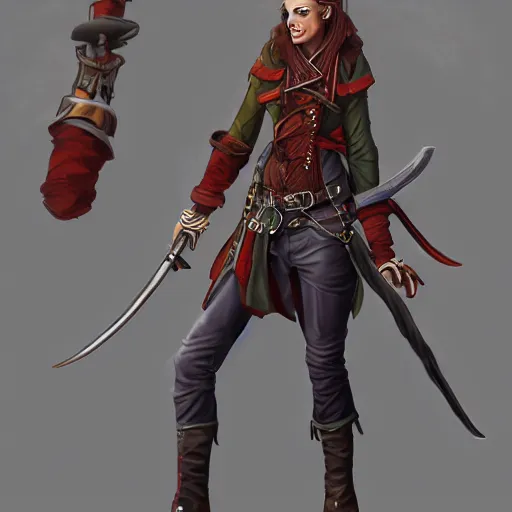 Prompt: full body concept art of a female pirate by Frank Wu