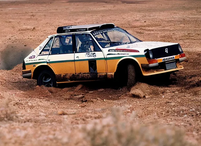 Prompt: a volvo 2 4 4 stuck in the desert during paris dacar rally